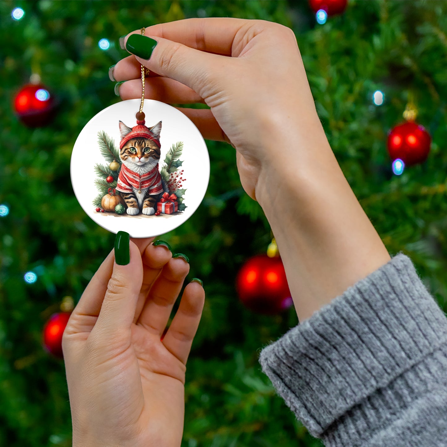 Tabby Cat in Christmas Clothing Ceramic Ornament