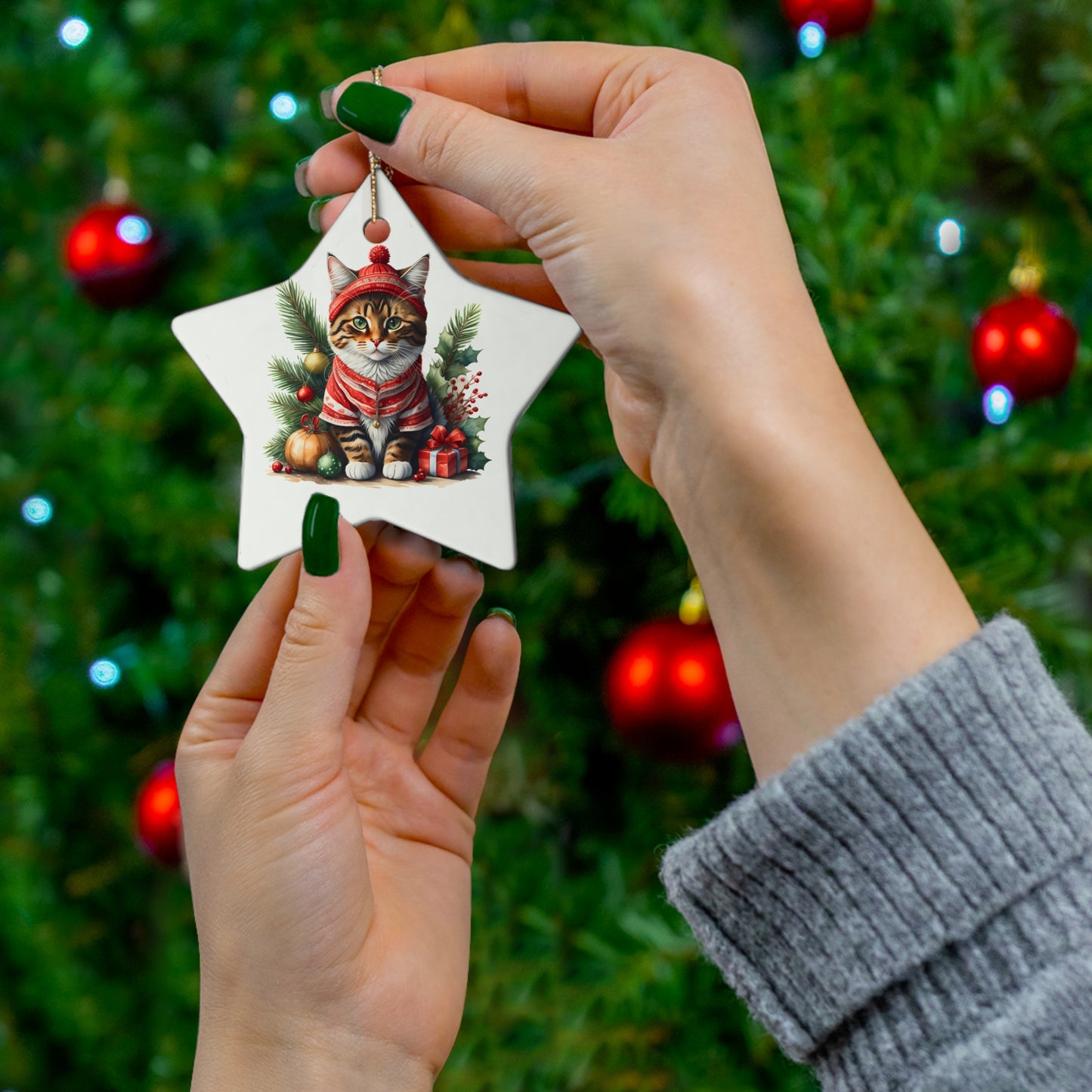 Tabby Cat in Christmas Clothing Ceramic Ornament