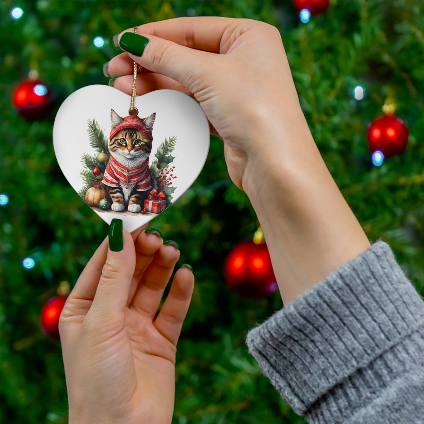 Tabby Cat in Christmas Clothing Ceramic Ornament
