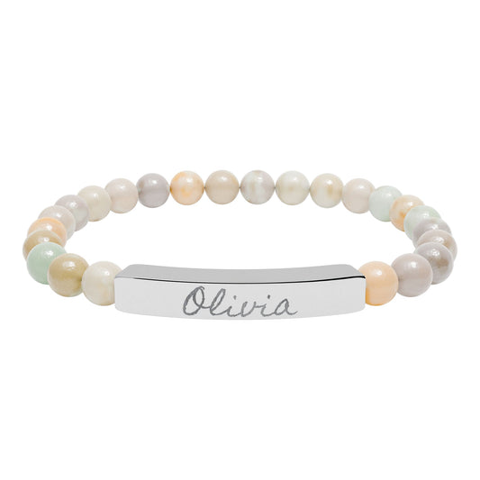 Olivia Women's Name Natural Stone Stretch Bar Bracelet, Engraved